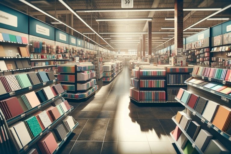A long aisle of color-coded notebooks and planners under fluorescent lighting at an office supply store, with a single shopper reaching for a teal notebook.