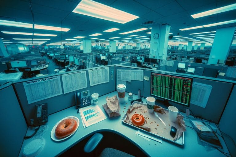 Predawn Manhattan trading floor with a thick printed research note next to a half-eaten bagel and coffee cup, fluorescent overhead lighting.