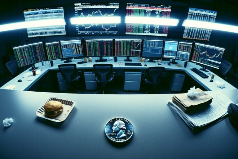 High-angle security-camera view of a quiet hedge fund trading desk with NFL preseason on the monitors and a silver dollar coin resting beside a sandwich.