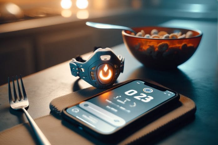 A youth football mouthguard with a glowing indicator light next to a smartphone displaying a flame icon and a score, on a kitchen table in morning light.