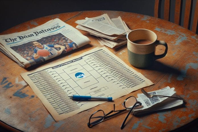 A hand-marked NCAA tournament bracket on a kitchen table next to a coffee mug, reading glasses, and a Bic pen.