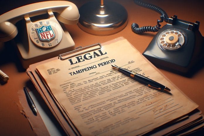The Legal Tampering Period, On Paper A manila folder labeled 'Legal Tampering Period' on a wooden desk beside a rotary phone off the hook and a partially signed contract.