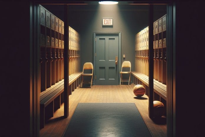 A worn college basketball locker with a folded jersey and tape, lit by overhead fluorescents in an empty arena hallway