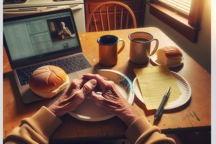 Sunday afternoon at the kitchen table with the laptop An open laptop on a kitchen table next to a half-eaten kaiser roll, coffee mug, and a handwritten legal pad in afternoon light.