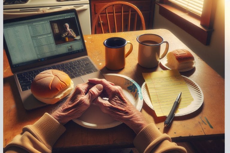 An open laptop on a kitchen table next to a half-eaten kaiser roll, coffee mug, and a handwritten legal pad in afternoon light.