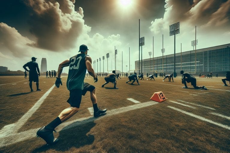 NFL players in helmets and shorts walking through drills on a practice field during summer training camp.