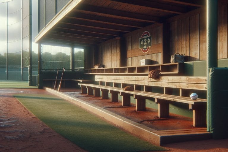 A sunlit major league dugout with an empty bench in the late afternoon