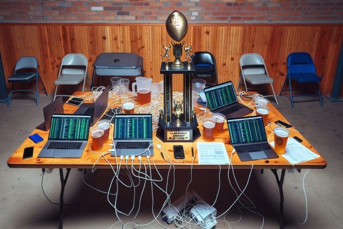Fantasy draft night, Cloud Authority trophy An oversized fantasy football trophy on a folding table surrounded by laptops, charging cables, and a laminated rulebook in a brewery event space.