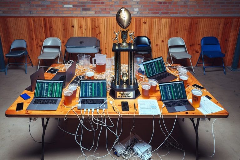 An oversized fantasy football trophy on a folding table surrounded by laptops, charging cables, and a laminated rulebook in a brewery event space.