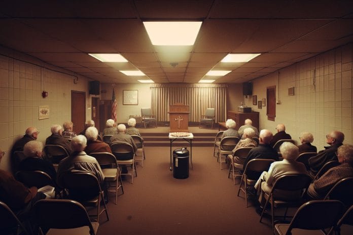 Dignified Presidents Day Observance, Clayborn County A sparsely attended evening meeting in a church basement, with folding chairs, a wooden lectern, and a table of coffee and heart-shaped cookies along the wall.