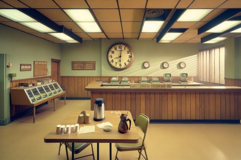 A crooked analog wall clock above teller windows in a small-town bank lobby with a coffee carafe set out on a folding table beneath it.