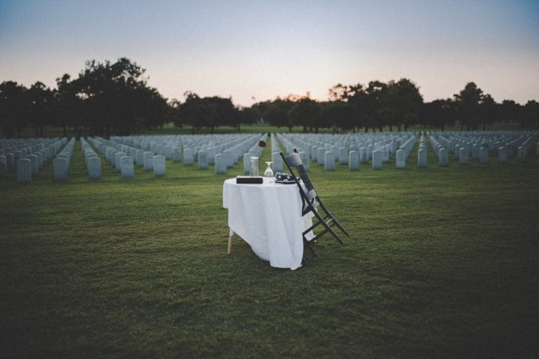 Rows of small American flags planted at headstones in a rural veterans' cemetery section.