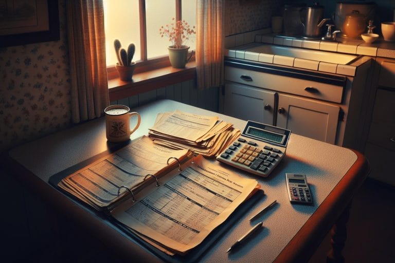 A kitchen table covered with old loan statements, a manila folder, a calculator, and a coffee mug in afternoon light.