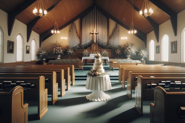 A large tiered white wedding cake set up on a folding table inside a modest church fellowship hall.