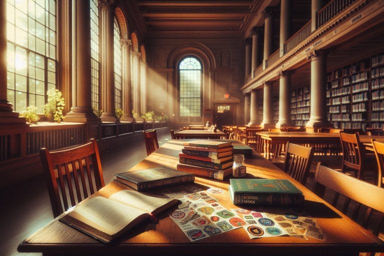 A wooden library table strewn with children's chapter books, a paper reading log, and sticker sheets in slanted late-afternoon light