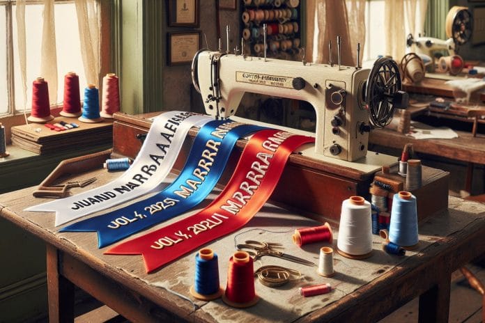 Three identical 'Grand Marshal' sashes laid side by side on a wooden table in a small embroidery shop