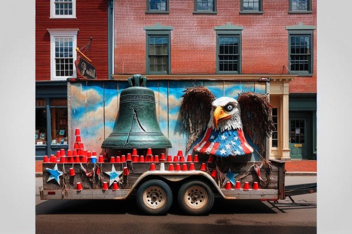 A weathered Independence Day parade float on a trailer parked diagonally on a small-town Main Street, papier-mâché Liberty Bell sagging from rain.
