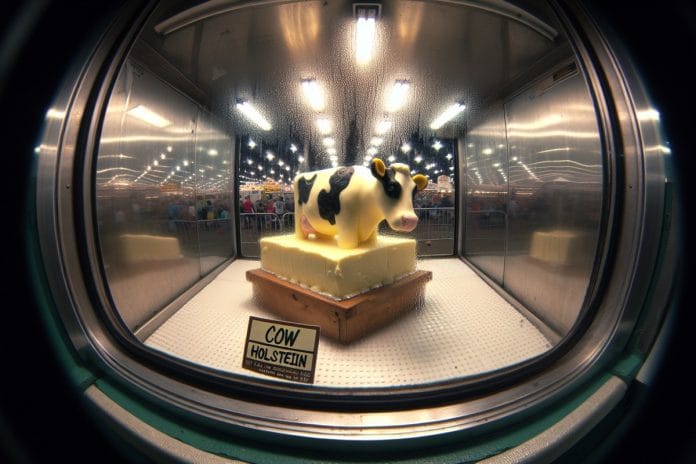 Steele County Fair Butter Cow 2025 A butter sculpture of a single Holstein cow displayed behind glass in a refrigerated county fair viewing window, with a hand-printed placard reading COW.