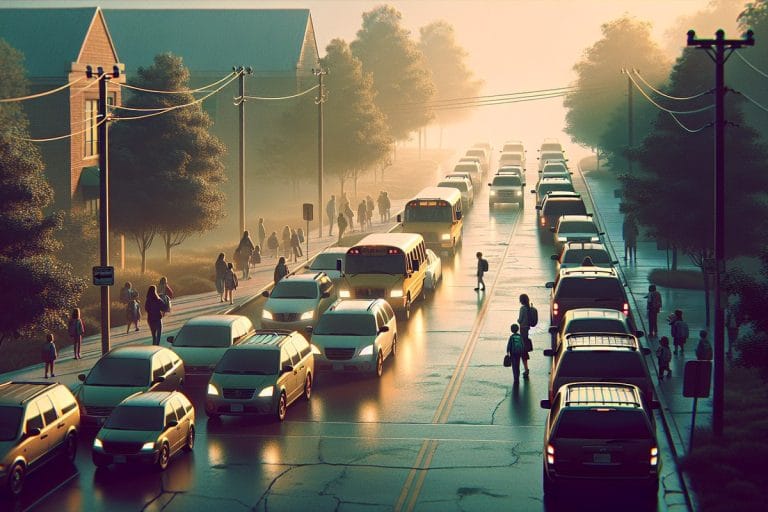 A line of idling minivans and SUVs queued up on a small-town street outside an elementary school on a sunny morning.