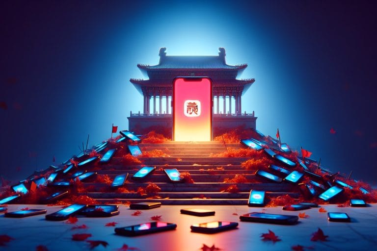 A single smartphone displaying a red app icon rests on marble courthouse steps surrounded by scattered discarded phones at dusk.