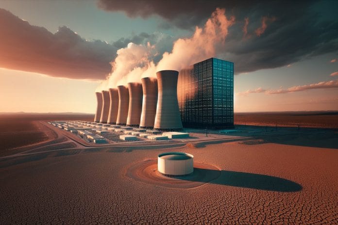 A large data center complex with cooling towers on a dry, cracked West Texas plain at golden hour