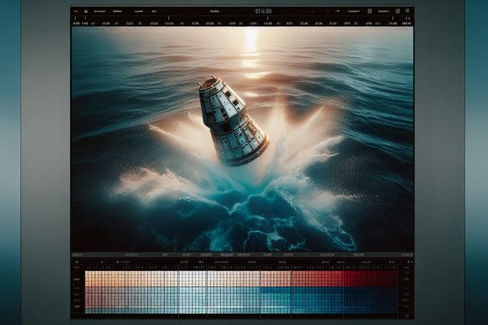 A space capsule floating in the ocean after splashdown, surrounded by recovery boats