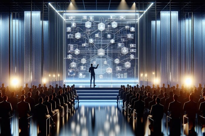 A tech executive presents on a brightly lit stage in front of a massive screen showing a complex web of interconnected AI agent nodes, with an audience silhouetted in the foreground.