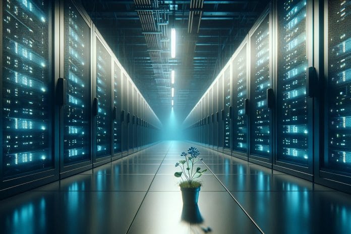 A small potted wildflower sits on the floor of a vast blue-lit data center filled with humming server racks.