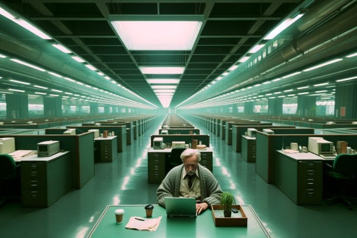 A lone federal employee at a long row of empty desks in a fluorescent-lit government office, working on a single laptop