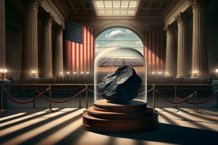 A single lump of coal displayed under a glass museum dome on a podium, with an American flag and a distant solar array visible in soft focus behind it.