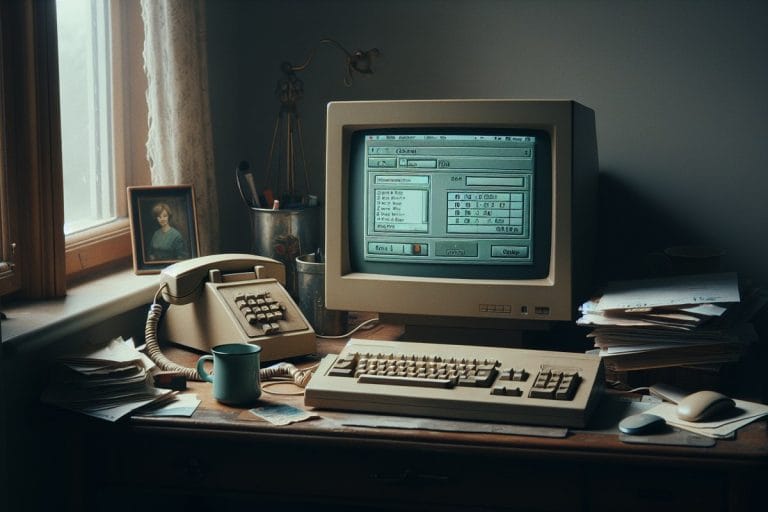 An aging desktop computer on a cluttered home office desk displays a disconnected video call interface in late afternoon light.