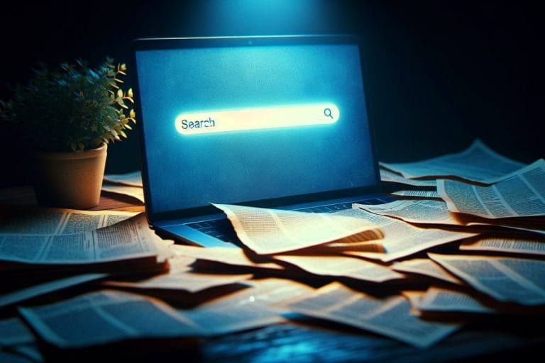 A glowing laptop search bar illuminating a desk covered in printed, fading web pages with footnote markings.
