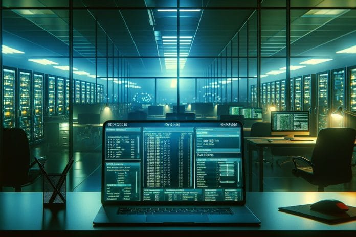 Claude 4 agentic session, hour six A laptop alone on a desk in a dark office, screen filled with running terminal sessions and a climbing cloud-services bill