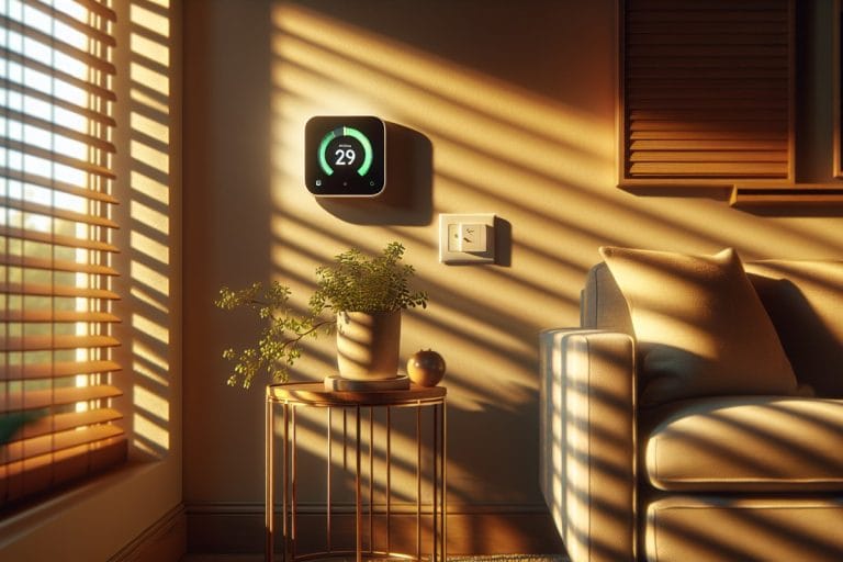 A wall-mounted smart thermostat displays a green leaf efficiency icon as harsh afternoon sunlight floods a suburban living room.