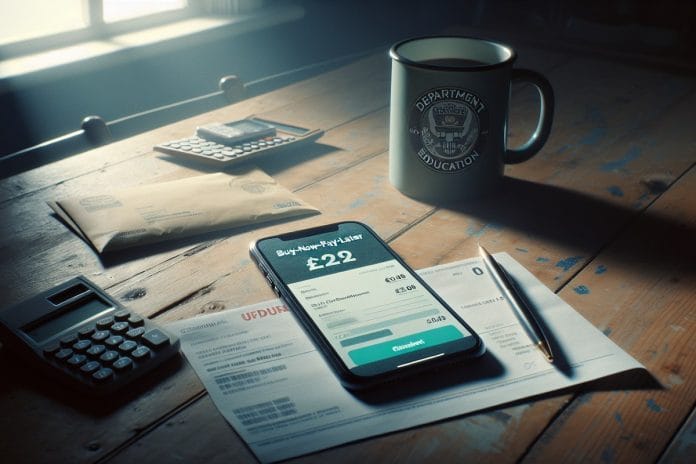 A smartphone showing a payment-installment checkout screen sits beside an unopened federal student loan envelope on a kitchen table.