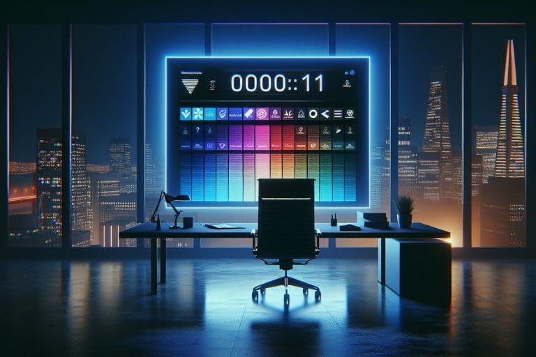 A software dashboard displaying rows of corporate logos shifting from rainbow gradient to standard colors with a countdown timer.