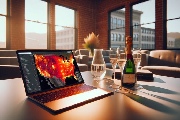 A laptop on a coworking-space desk shows a red weather radar map of central Texas next to a half-empty champagne bottle and two flutes.
