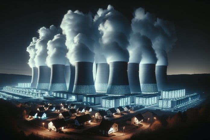 GPT-5 Data Center at Night A floodlit data center with cooling towers venting steam looms over a small dark suburb at night.