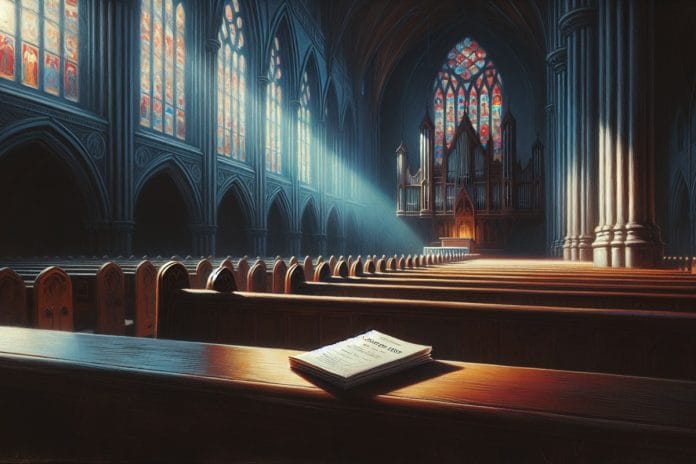 An empty cathedral pew with a folded funeral program in cold winter light