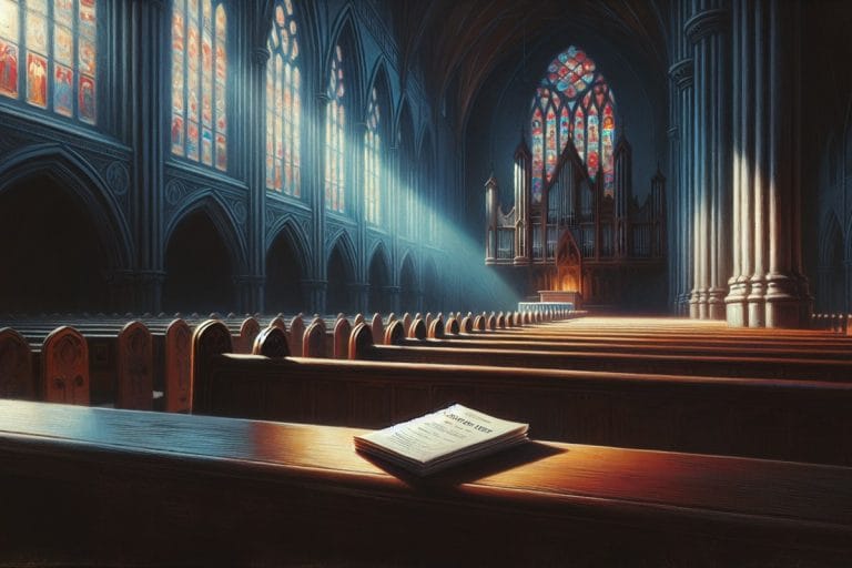 An empty cathedral pew with a folded funeral program in cold winter light