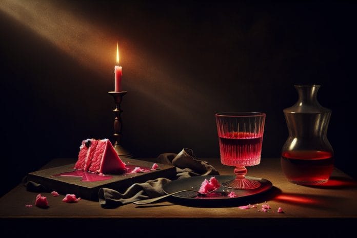 A glass of bright pink liquid glowing under candlelight on a dark dinner table beside a slice of pink-frosted cake