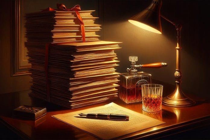 The Stack on the Desk A tall stack of manila folders bound in red ribbon beside a fountain pen and whiskey glass on a dark wooden desk, lit by a single lamp.