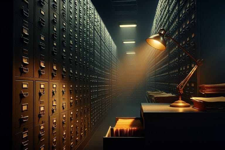 A shadowed federal archive room with one filing cabinet drawer pulled open, revealing redacted folders under a single warm desk lamp.