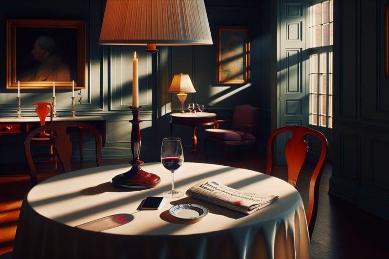A quiet Georgetown dining table at dusk with a folded newspaper, a wine glass, and a silenced phone beside a map of South America.