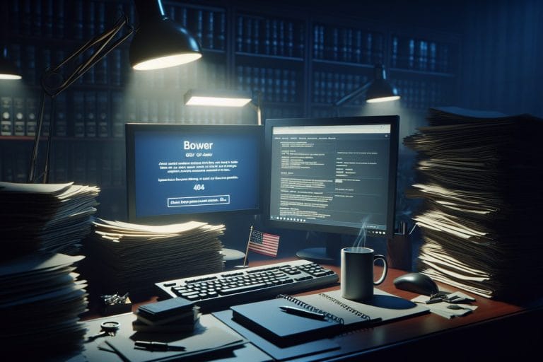 A darkened government office monitor glowing with a 404 error page beside stacks of paper folders and an abandoned coffee cup