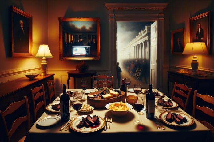 The Dinner Party Kept Passing the Salad A muted television glows in the next room while a long dinner table sits mid-course, wine poured, plates half-finished, chairs partly empty.