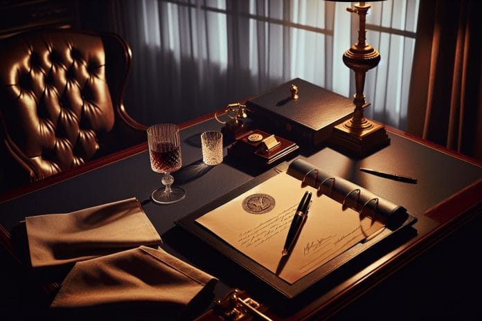The Signature and the Empty Room A fountain pen rests on a folder beside a half-empty wine glass on an ornate desk in warm lamplight.