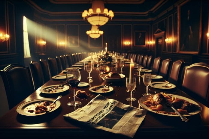 A dimly lit formal dining room with abandoned dinner plates, wine glasses, and a folded newspaper, suggesting a dinner party that has quietly ended.