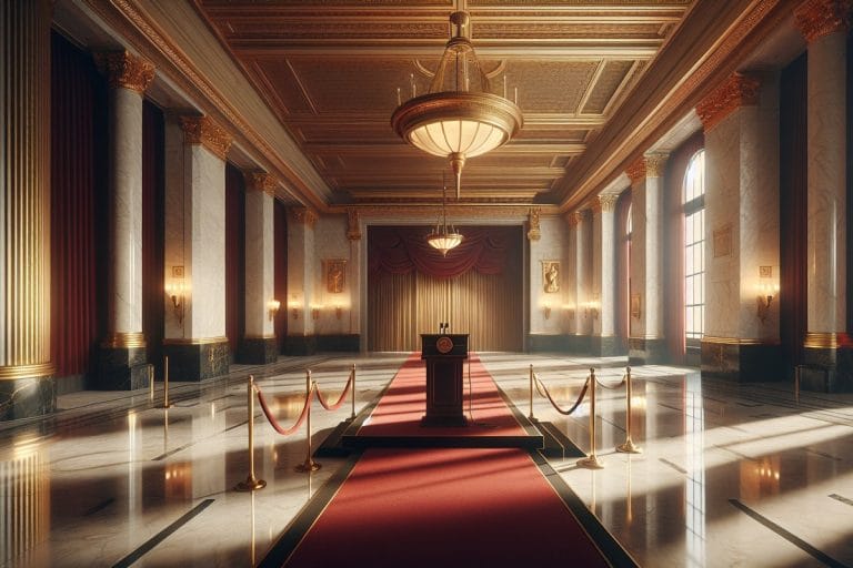An empty marble performing-arts-center lobby at dusk with a single lectern and a long red carpet leading to closed gilded doors.