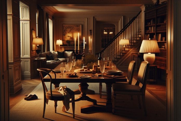 A cleared Georgetown dinner table after guests have left, with wine dregs and a half-eaten cheese board lit by a single warm lamp.